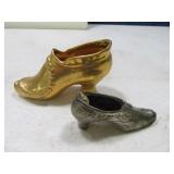 (2) Early Mini Slipper Shoes Metal & Pottery
