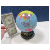 Vintage 6" Tin World Globe Coin Bank