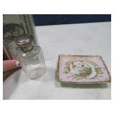 (2) Antique 4" Handpainted Tray & Bottle Sterling?