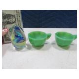 (3) ArtGlass Paperweight & 2~Green Depression Cups