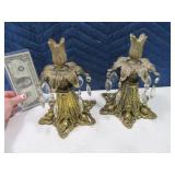 Pair 9" Metal Candle Holders w/ Glass Prism Dangle