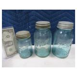 (3) Early BALL BlueGlass Canning Jars w/ Zinc Lids