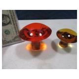 (2) Orange~Yellow Art Glass Vintage MUSHROOMS