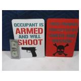 (2) Gun Related Vtg Tin 9x12 Signs Decor