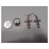 Sterling~Purple Stone Cross sz8.5 Ring + Pink Erng