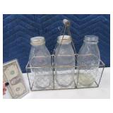 3pc Glass Milk Bottles w/ WireMesh Holder