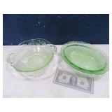 (2) Embossed Green Depression Glass Bowls 8"/10"