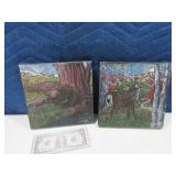 (2)DEB KOMTOR Beer~Deer Oil Canvas Art 8" $100+