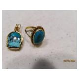 (2) 14kt Gold sz5.25 Ring Turquoise & Pendant 4g