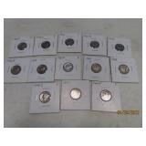 (13) 1940s silver Mercury Dimes sleeved