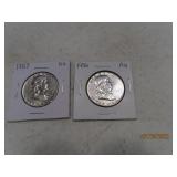 (2) 1956/1957 Franklin silver Half Dollars AU