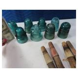 (8) Antique Greenish Insulators w/ 4~Wood Holders