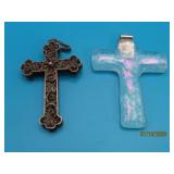 (2) CROSS 2.25' Pendants Glass & Filagree