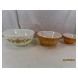 (3) PYREX vtg Nesting Bowls White~Brown Scroll