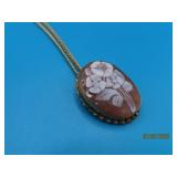 12kt GF vtg 1.25' Flower Cameo + Necklace NICE