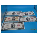 (5) assst Red Seal $2 US Currency Bills