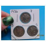 1936 p/d/s Mercury Silver dime sleeved Set