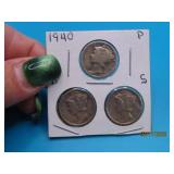 1940 p/d/s 3coin Mercury Silver Dime Set