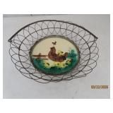 Antique Handpainted Egg Basket 10' Porcelain/Wire