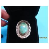 early Pawn Sterling Turq sz7 Ring 1 1/8' Front 8g