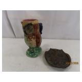 (2pcs) Antique OWL brass Ashtray + Pottery Pitcher