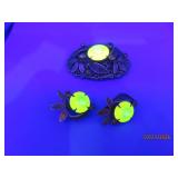Rare Antique Uranium Glass Filagree Pin & Earrings
