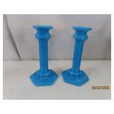Pair BlueSwirl vtg Cambridge Glass 7' CandleSticks
