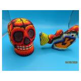 (2) SKULL & FISH Huichol 3.5'ish Beaded Figures ai