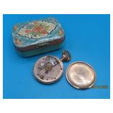 antique 2.5' Tin w/ Pocket Watch parts