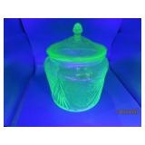 Green Glowing Uranium Glass 7' Depression Jar EXC