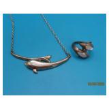 2pc Sterling  sz7.5 Ring & 17" DOLPHIN Set 14g