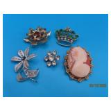 (5) vintage Beautiful Brooch Pins Cameo Etc