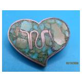 vtg Sterling Turqoise Inlay HEART 1' Pin 5.7g