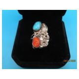 Pawn Sterling sz6 Ring Turq/Coral vtg 1' 4.4g