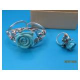 2pc Sterling TurqROSE 2.25' Bracelet +s7 Ring 61g