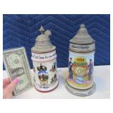 Lot (2) Antique German Beer Steins Metal Toppers