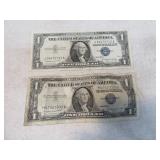 Lot (2) 1957 Blue Label $1 Currency Bills Money