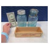 Lot (3) Antique Blue Ball Jars & Wood Cheese Box