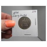 1874 Liberty Seated Coin in Sleeve Quarter