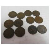Lot (12) late1800s Indian Head Pennies