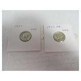 Lot (2) 1937 UNC Mercury Dimes sleeved silver