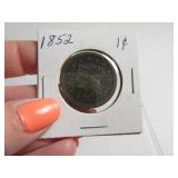 1852 Large Head One Cent US Coin sleeved