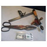 Lot (3) 12" Hand Tools TinSnips~Square~Hand Drill
