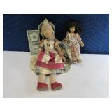 Lot (2) Vintage Dolls WoodJoint & Cloth