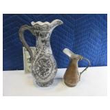 Lot (2) Pitcher Decor Hammered Copper & Pottery