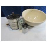 Lot (3) Antiqueish items Bowl~Sifter~Jar