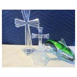 Lot (3) Glass Statues & Figures Cross~Dolphin