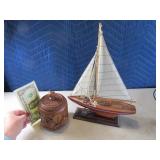 Pair Wooden 10" Ship & Carved Stash Box