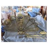 Brass PeacockFan Fireplace Screen & Some Ast Tools