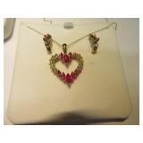 14kt Gold 3pc Necklace~Earring SET RedStones 5.1g